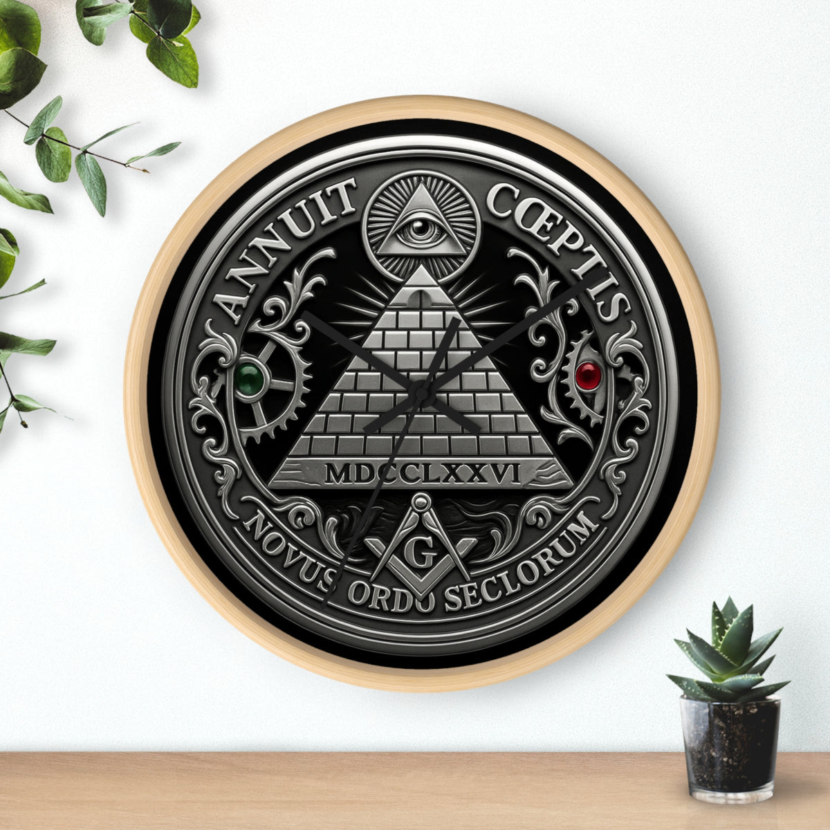 Master Mason Blue Lodge Clock - S&C with Pyramid & All Seeing Eye Latin Motto - Bricks Masons