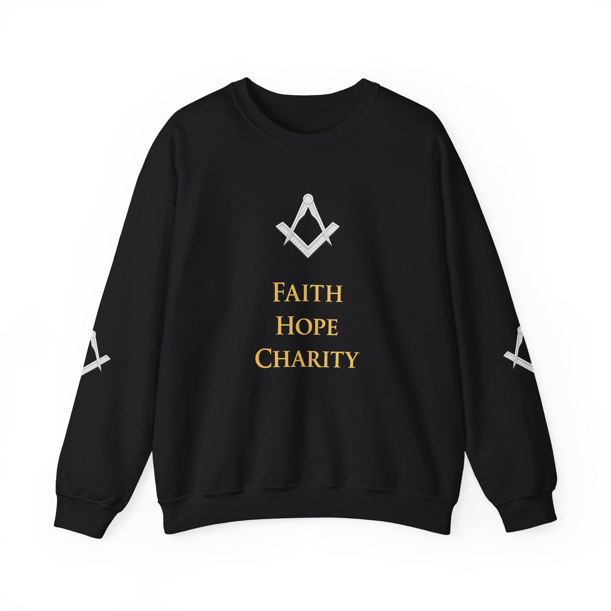 Master Mason Blue Lodge Sweatshirt – Glaube, Hoffnung und Nächstenliebe mit Winkelmaß und Zirkel