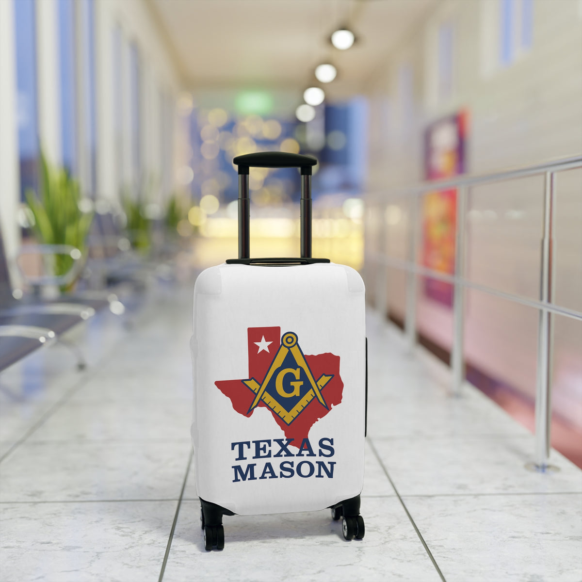 Master Mason Blue Lodge Luggage Cover - Square & Compass G Texas Map