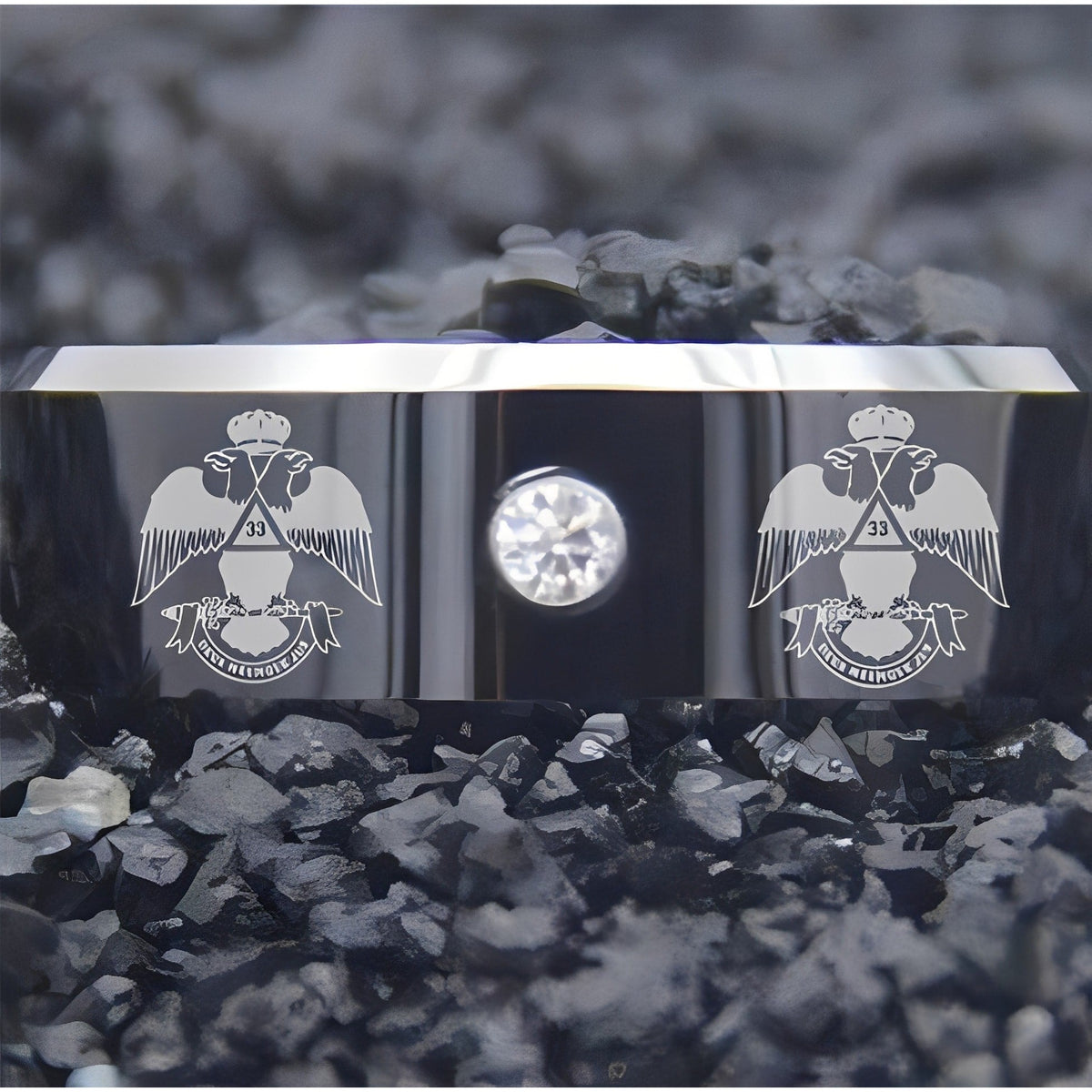 33rd Degree Scottish Rite Ring - Wings Down Black Silver Bevel With CZ Stone