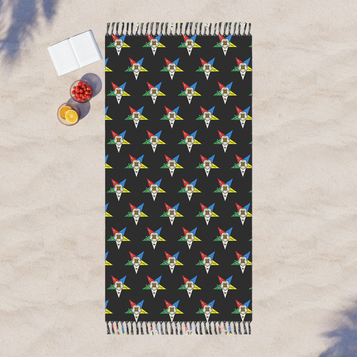 OES Towel - Black Polyester Colorful Stars With Knotted Tassels - Bricks Masons