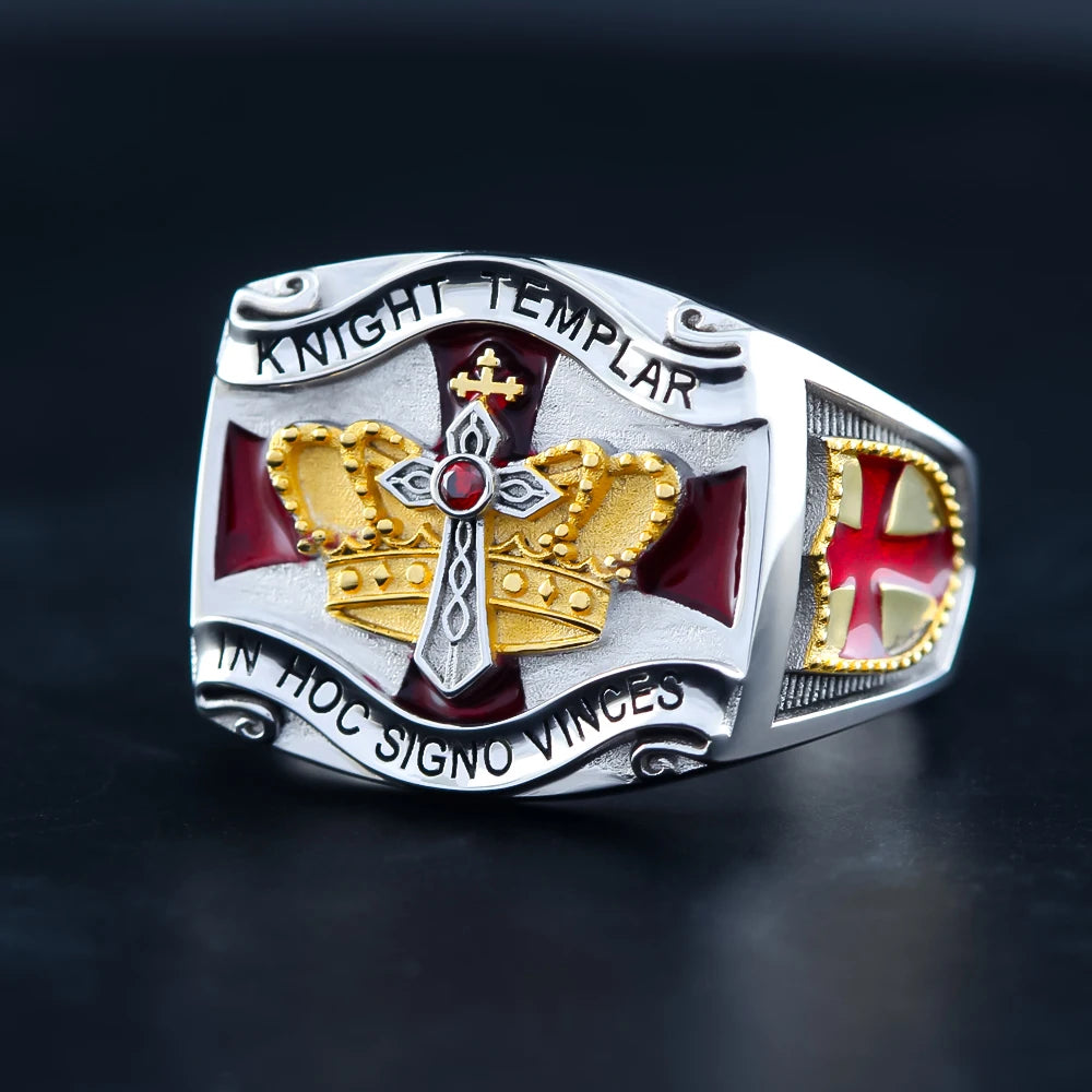 Knights Templar Ring - In Hoc Signo Vinces Sterling Silver With Crown