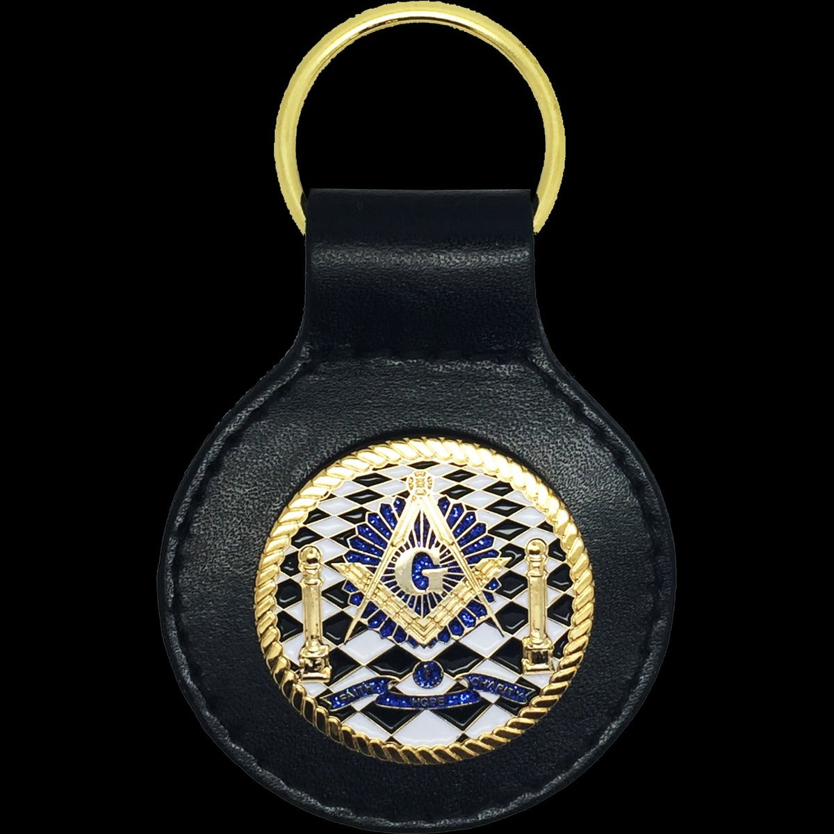 Master Mason Blue Lodge Keychain - Black Leather Chekered Floor With Pillars - Bricks Masons
