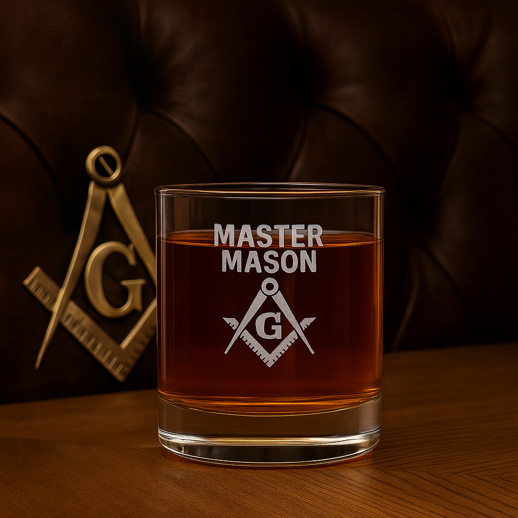 Vaso de whisky de la Logia Azul de Maestro Masón - Escuadra y compás con G