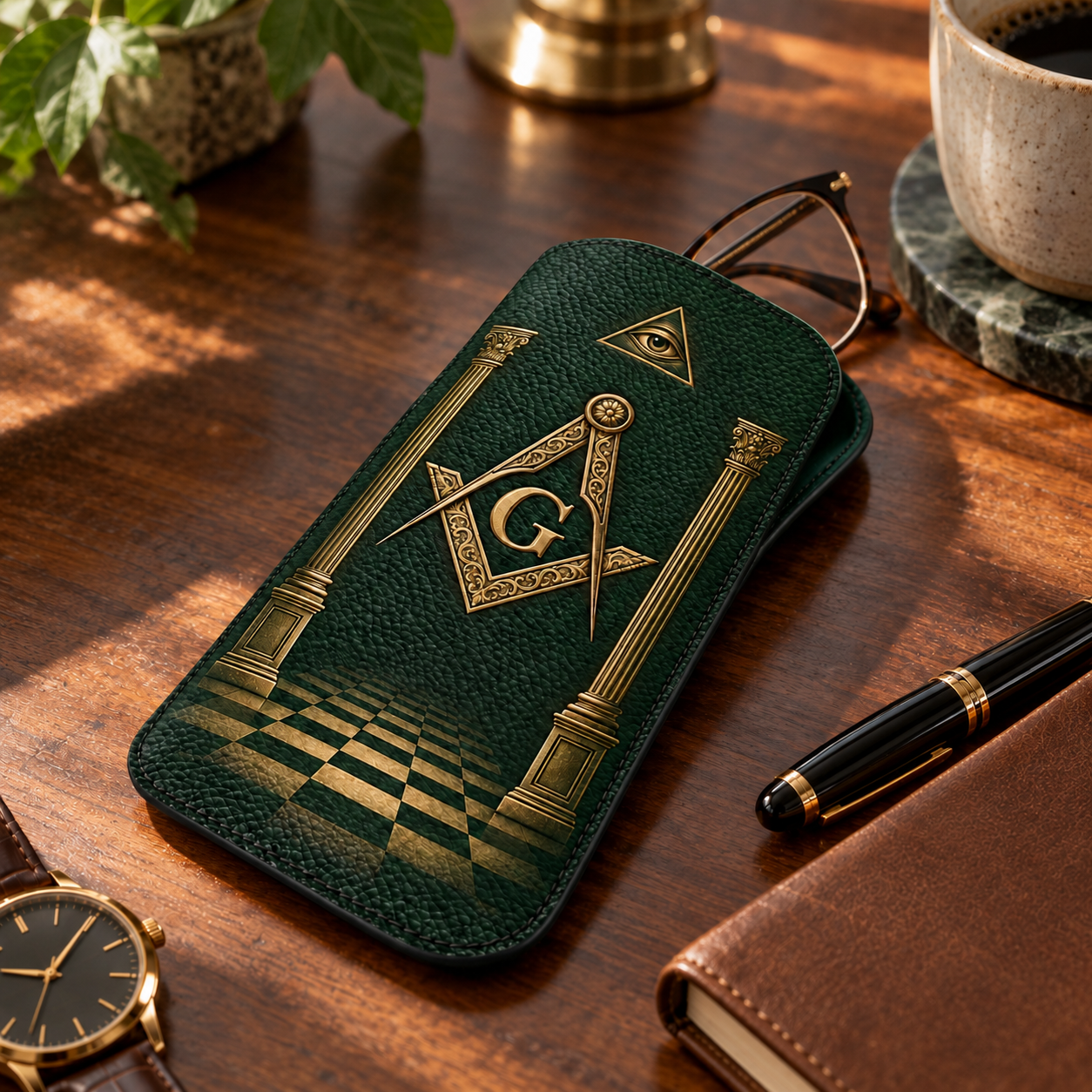 Master Mason Blue Lodge Glasses Case - Green Nappa Leather With Pillars & Checkered Floor - Bricks Masons