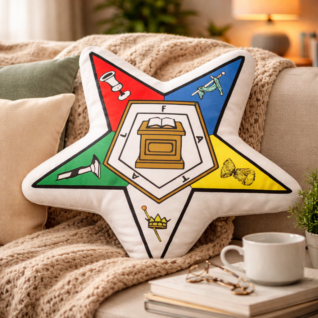 OES Pillow - Colorful Eastern Star Pentagram Down - Bricks Masons
