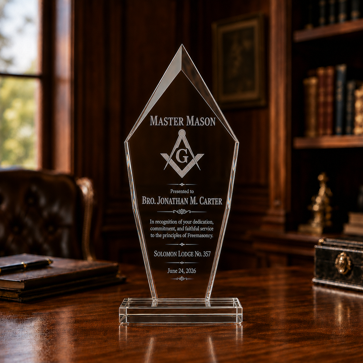 Master Mason Blue Lodge Plaque - Engraved Square & Compass G with Customization