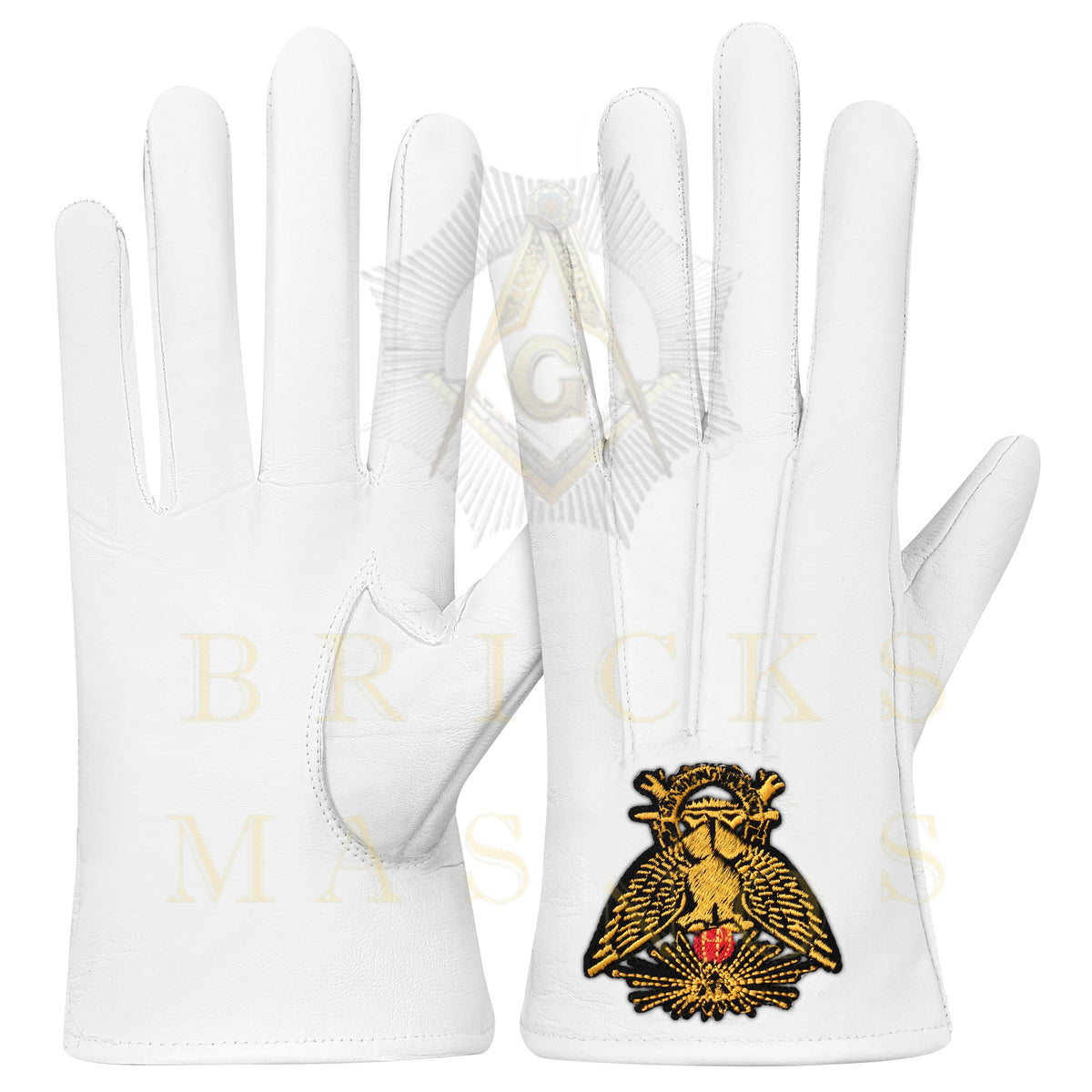33rd Degree Scottish Rite Gloves - White Leather Eagle Wings Up Patch - Bricks Masons