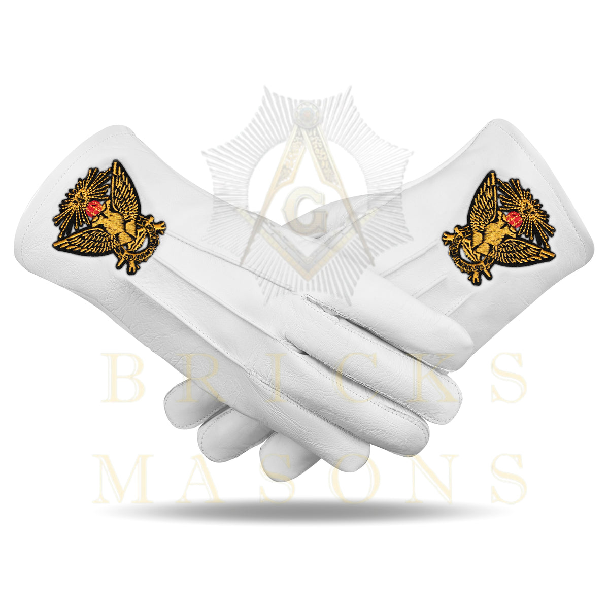 33rd Degree Scottish Rite Gloves - White Leather Eagle Wings Up Patch - Bricks Masons