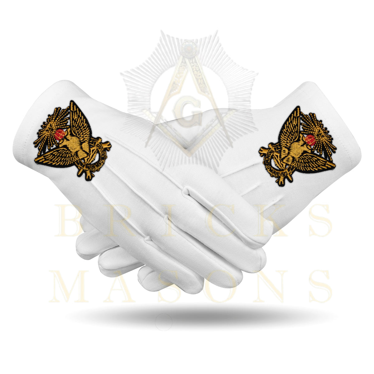 33rd Degree Scottish Rite Gloves - White Cotton Wings Up - Bricks Masons