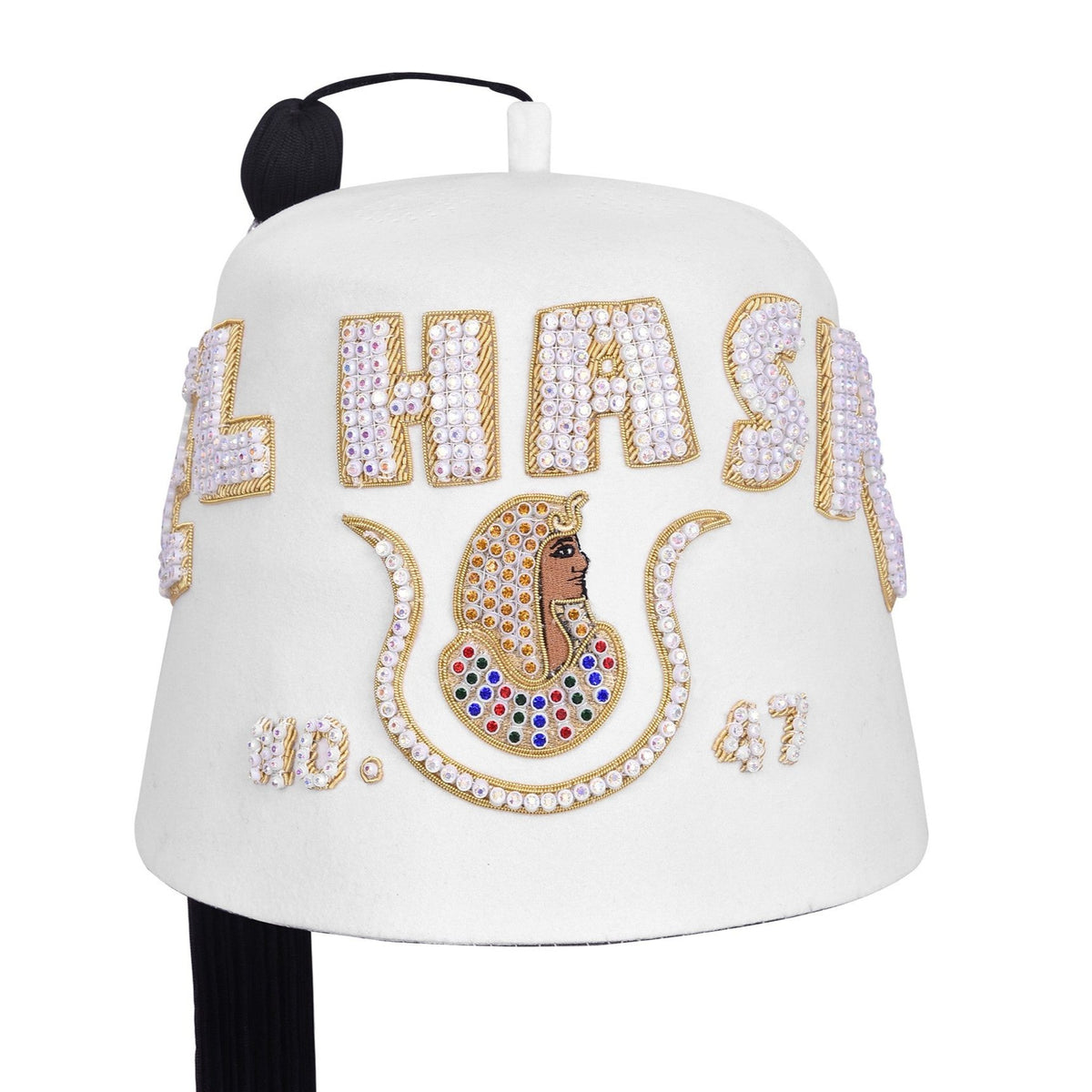 DOI Fez Hat - Pure White & Gold Embroidery With Rhinestones (3 Rows as pictured) - Bricks Masons
