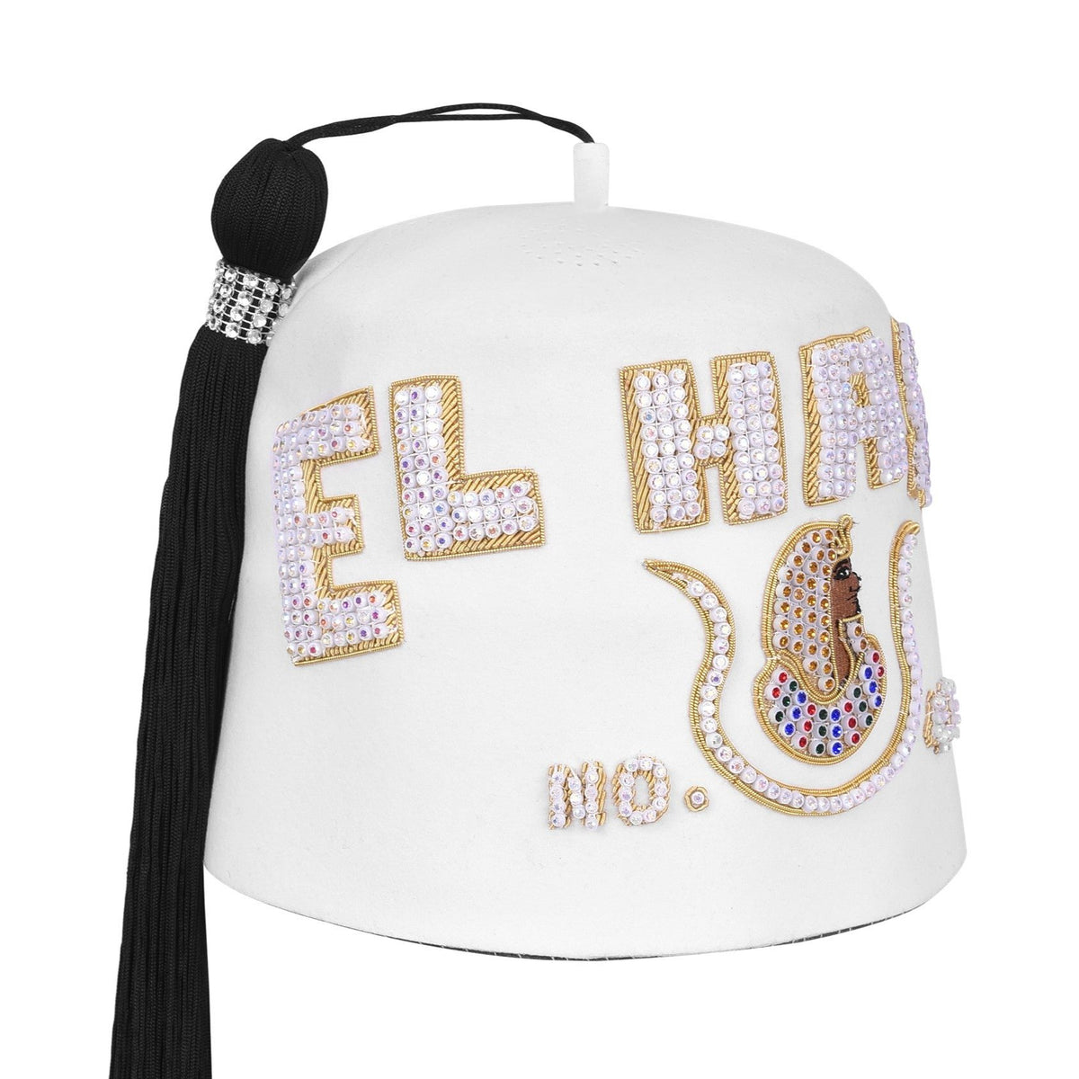 DOI Fez Hat - Pure White & Gold Embroidery With Rhinestones (3 Rows as pictured) - Bricks Masons