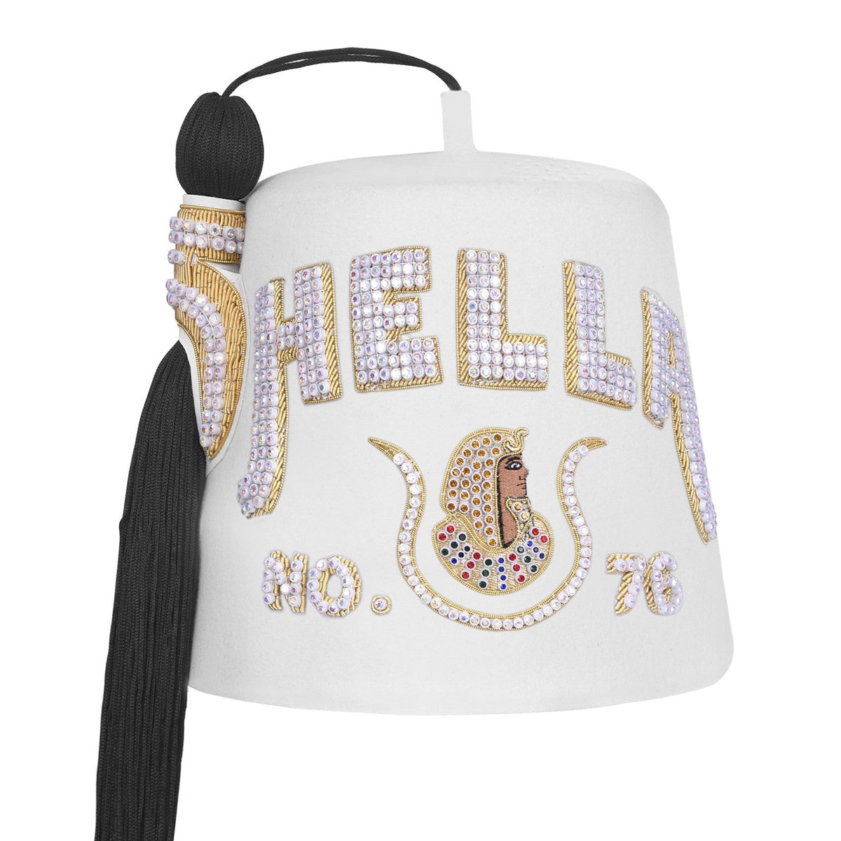 DOI Fez Hat - Pure White & Gold Embroidery With Rhinestones (3 Rows as pictured) - Bricks Masons