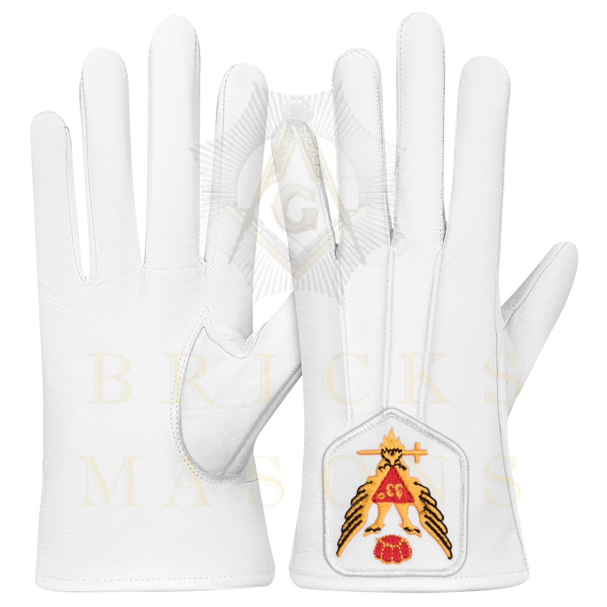 33rd Degree Scottish Rite Gloves - White Leather Eagle Wings Up Patch - Bricks Masons
