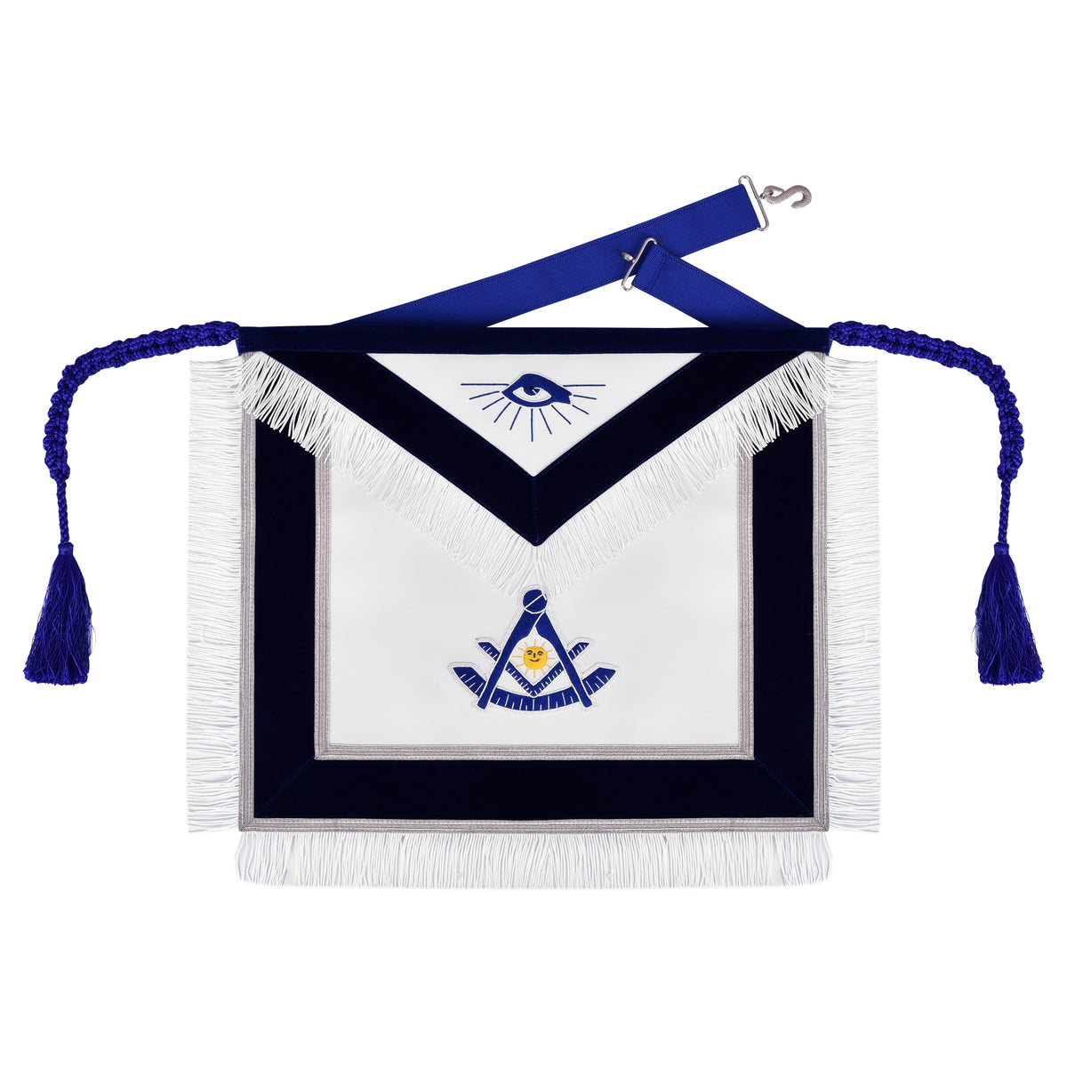 Past Master Blue Lodge Apron - Hand Embroidery With Silver Fringe & Tassels - Bricks Masons