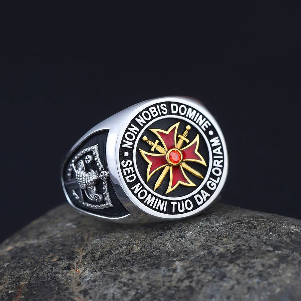 Knights Templar Ring - Cross Non Nobis Sterling Silver With Red Stone