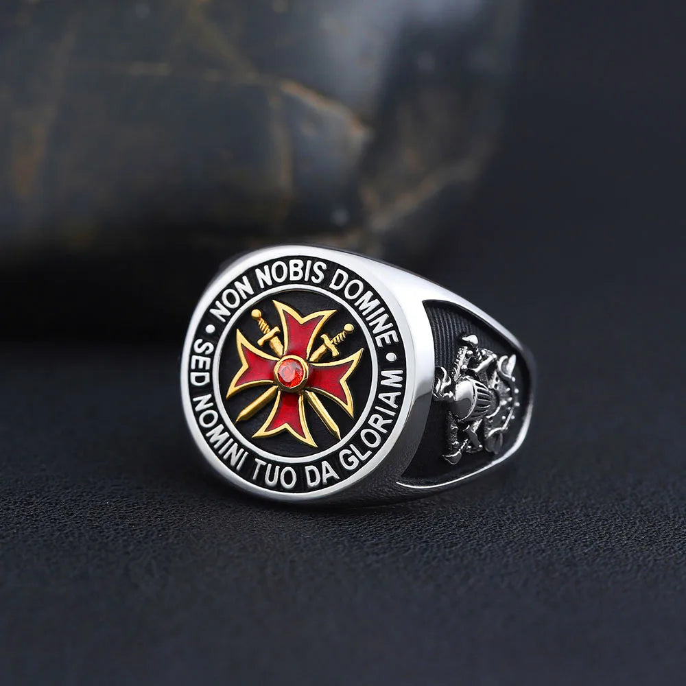 Knights Templar Ring - Cross Non Nobis Sterling Silver With Red Stone