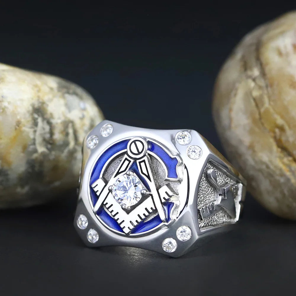 Master Mason Blue Lodge Ring - Sterling Silver With Blue & Rhinestone - Bricks Masons