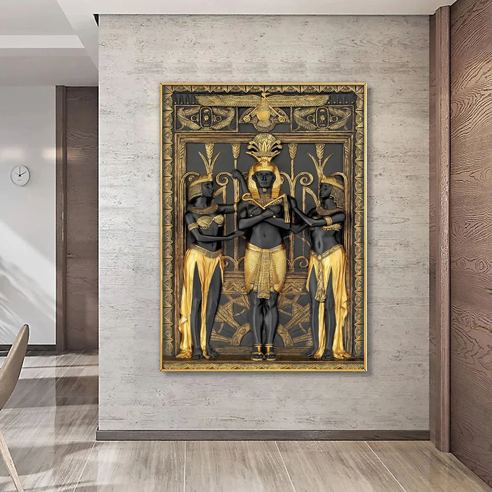 Ancient Egypt Canvas - Black Golden 3D Pharaoh With Maidens