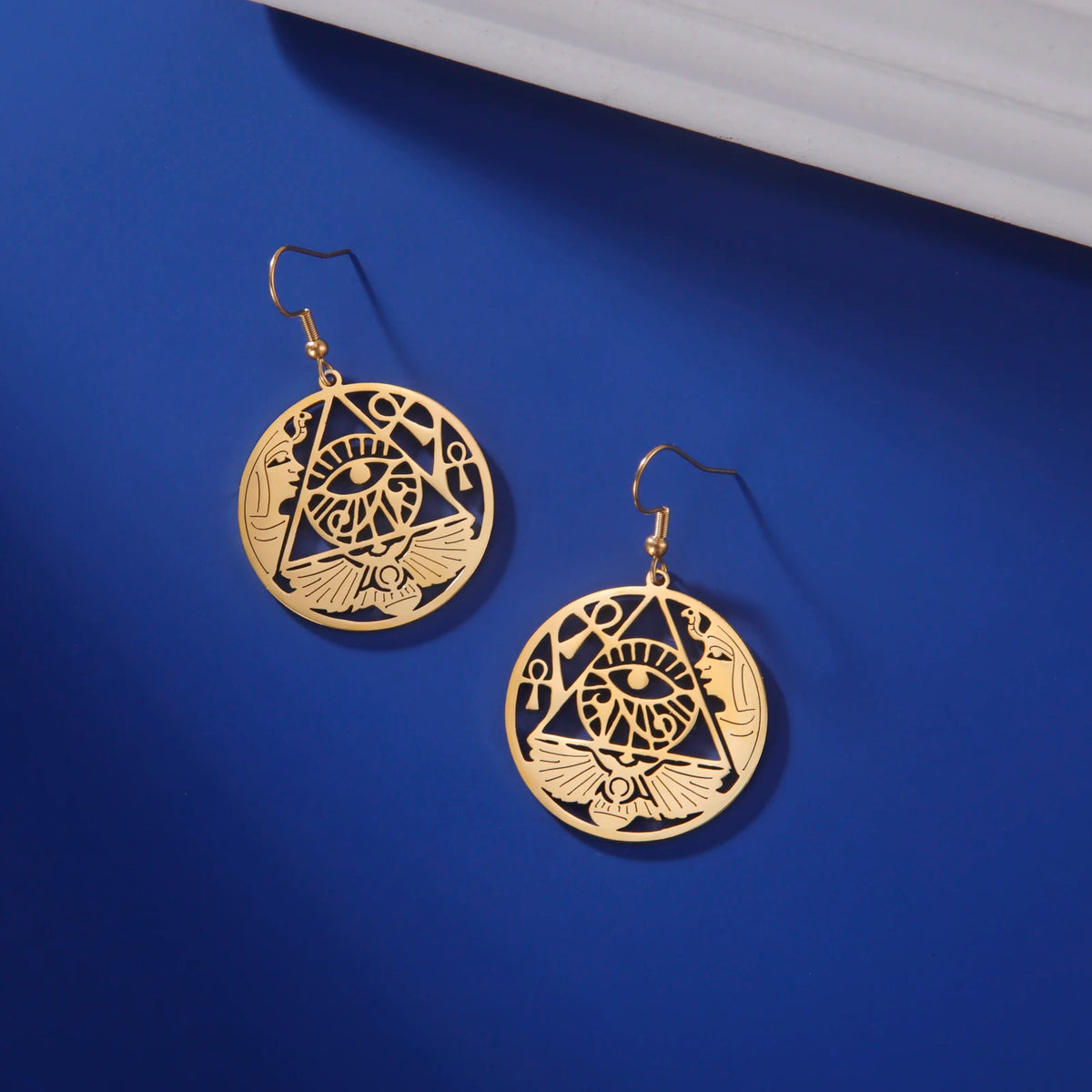 Ancient Egypt Earrings - Eye Of Horus Hoop Stainless Steel Dangle Ankh Cross - Bricks Masons