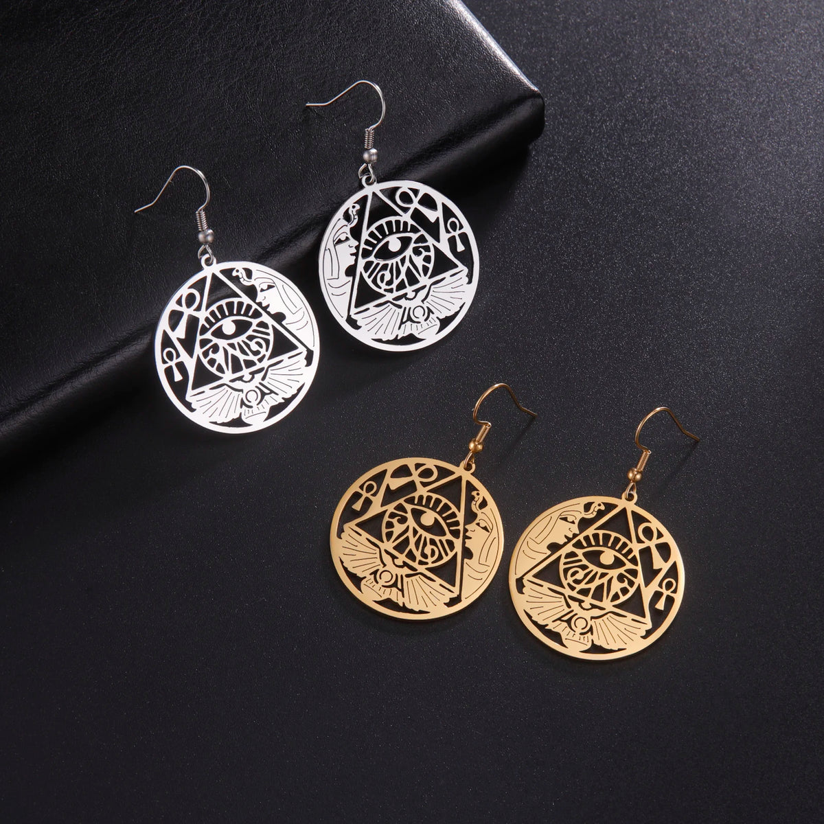 Ancient Egypt Earrings - Eye Of Horus Hoop Stainless Steel Dangle Ankh Cross - Bricks Masons