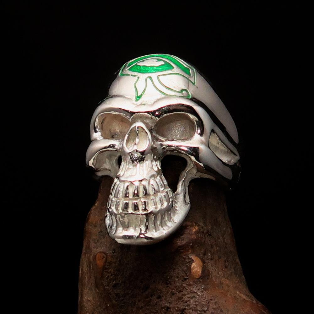Ancient Egypt Keychain - Green Eye of Horus Skull Sterling Silver - Bricks Masons