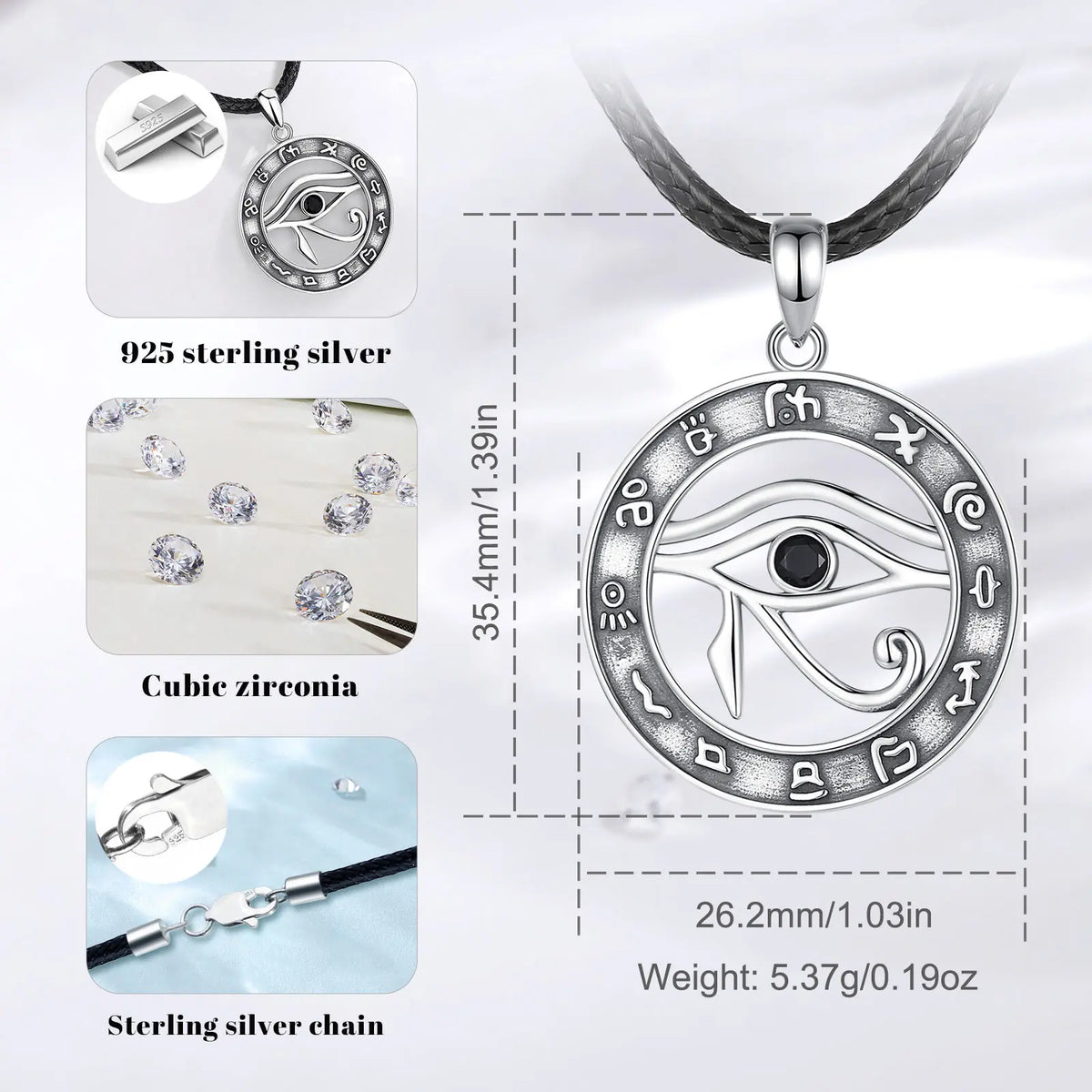 Ancient Egypt - 925 Sterling Silver Egypt Eye Of Horus Pendant Black Crystal Necklace - Bricks Masons