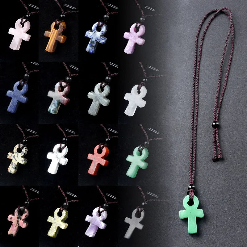 Ancient Egypt Necklace - Ankh Cross Engraved Natural Agate Stone Amulet Pendant Necklace Adjustable Wave - Bricks Masons