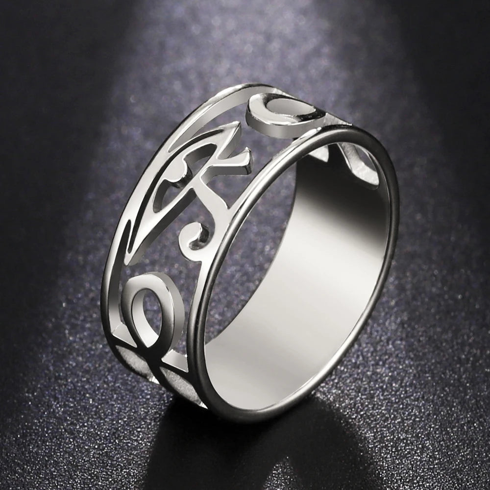 Ancient Egypt Ring - Eye of Horus Ankh Cross Stainless Steel - Bricks Masons
