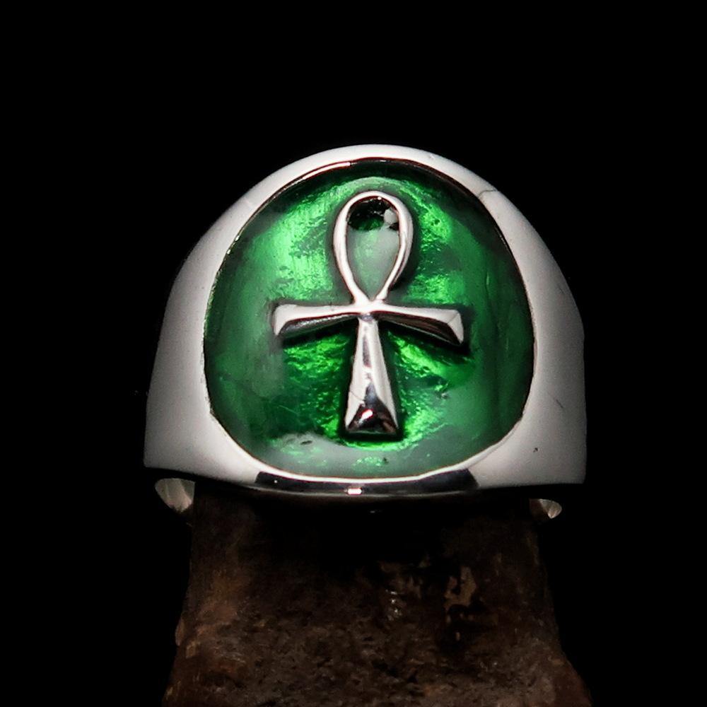 Ancient Egypt Ring - Green Sterling Silver Ankh - Bricks Masons