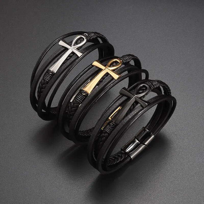 Ancient Egyptian Bracelet - Ankh Cross Braided Leather Bangles Ancient Egyptian Bracelet - Ankh Cross Braided Leather Bangles