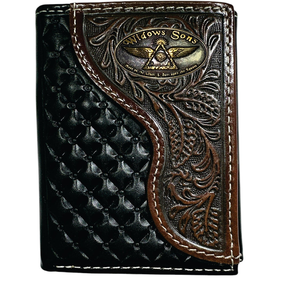Widows Sons Wallet - Nocona Black & Cherry Floral Tooled Overlay - Bricks Masons