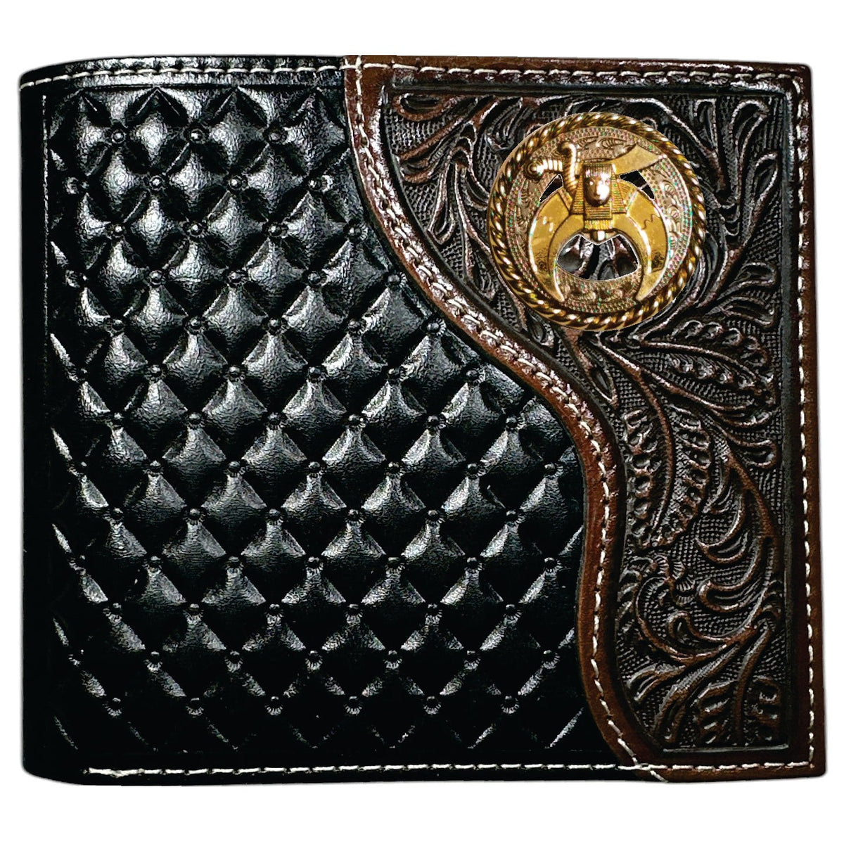 Shriners Wallet - Nocona Black & Cherry Floral Tooled Overlay - Bricks Masons