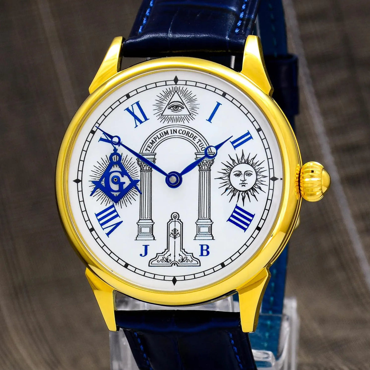 Master Mason Blue Lodge Wristwatch - Stainless Steel Case With Leather Strap & Symbols