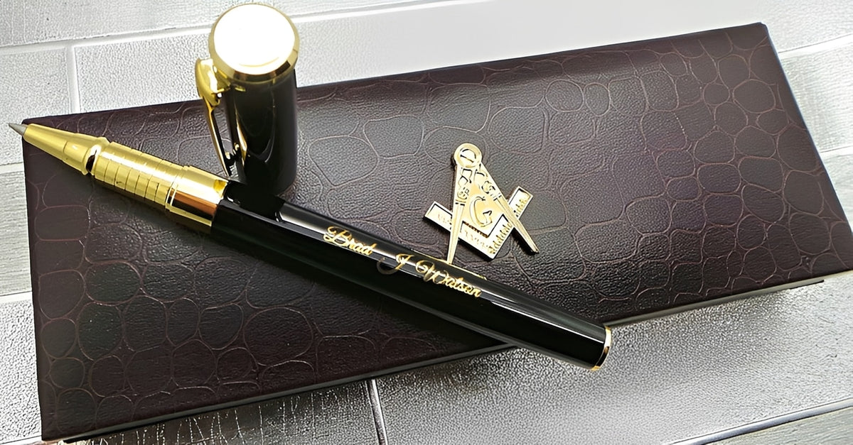 Master Mason Blue Lodge Pen - 24k Gold Clad Engraved Black Ink - Bricks Masons