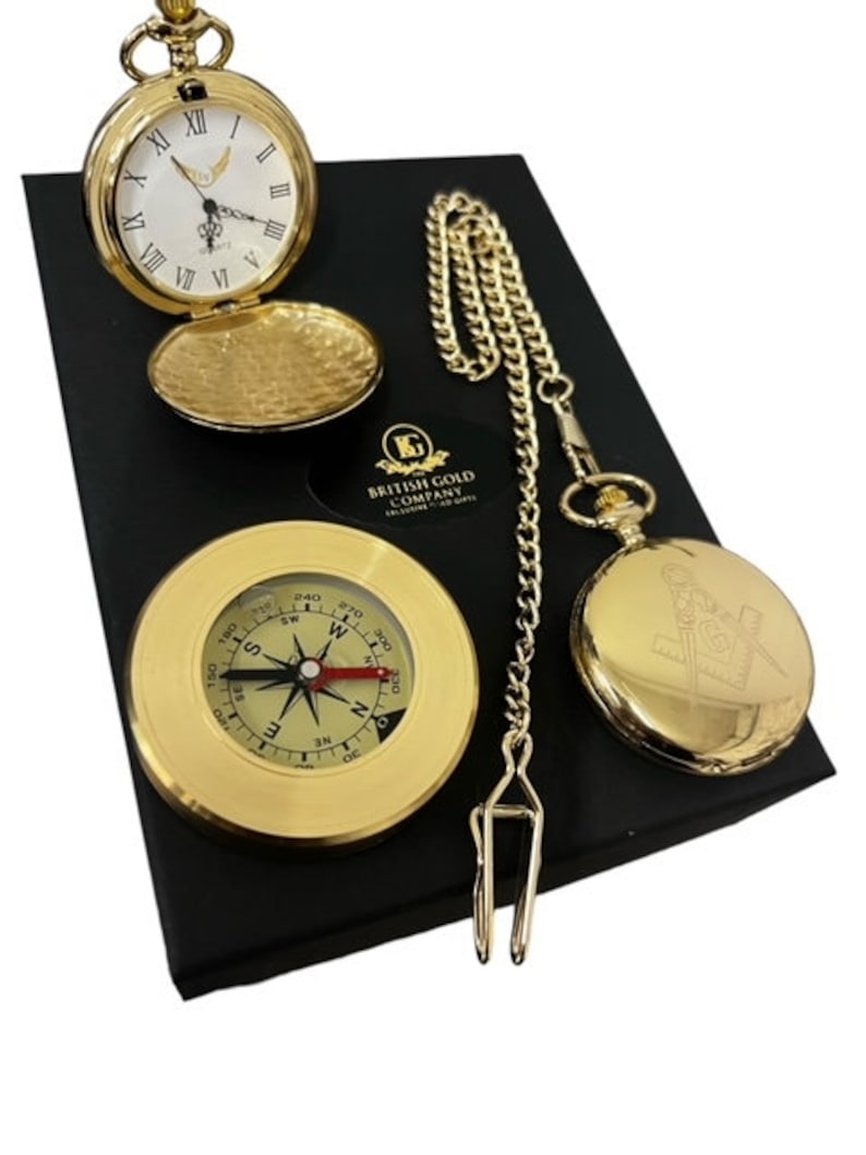Master Mason Blue Lodge Pocket Watch 24k Gold Clad and Compass