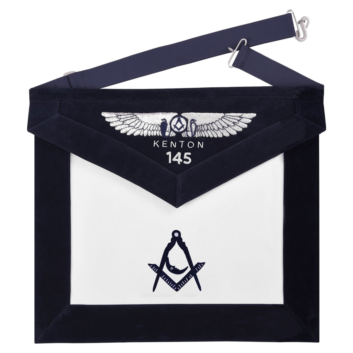 Junior Deacon Blue Lodge Officer Apron - Kenton Lodge Navy Velvet With Silver Embroidery Thread - Bricks Masons