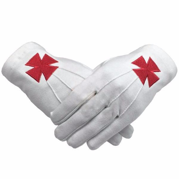 Knights Templar Commandery Gloves - White with Red Nordic Cross - Bricks Masons