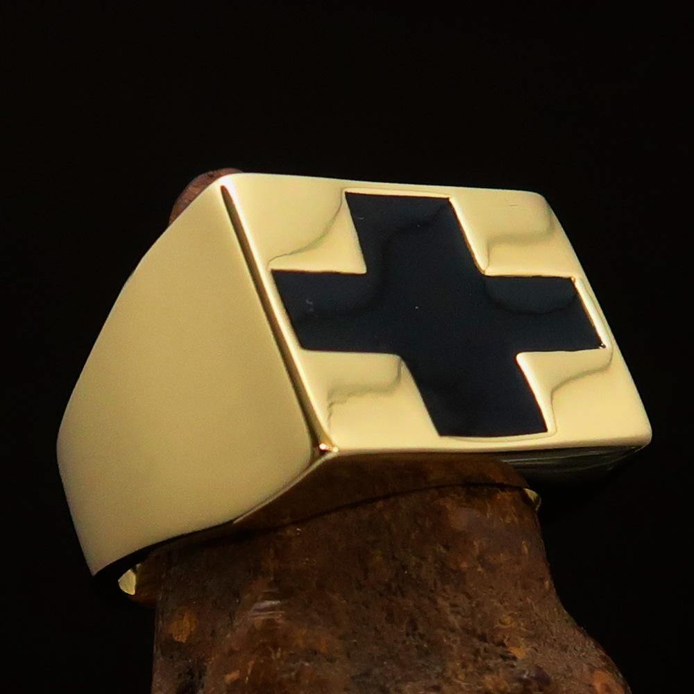 Knights Templar Ring - Black Cross Brass Gold Ring - Bricks Masons