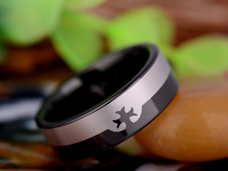 Knights Templar Ring - Black Silver Tungsten Personalizable - Bricks Masons
