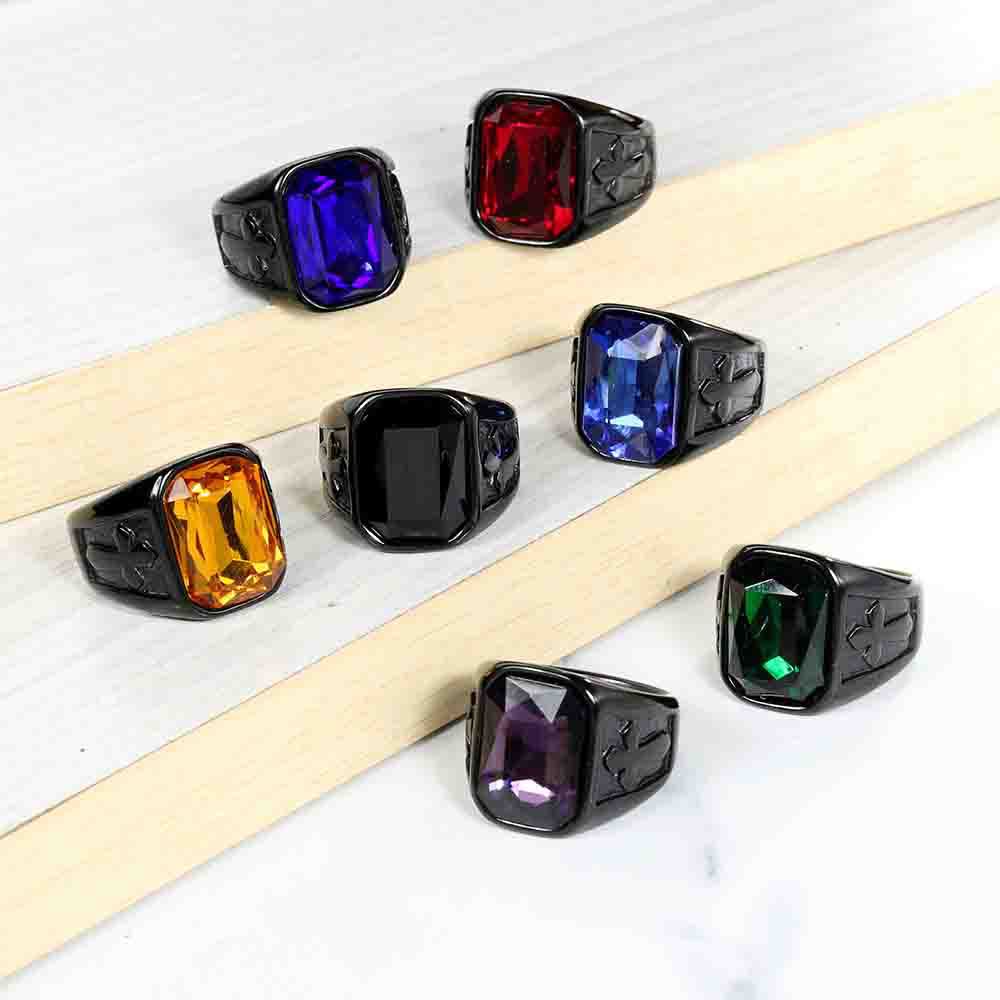 Knights Templar Commandery Ring - Black With Various Gemstones Stainless Steel Ring - Bricks Masons