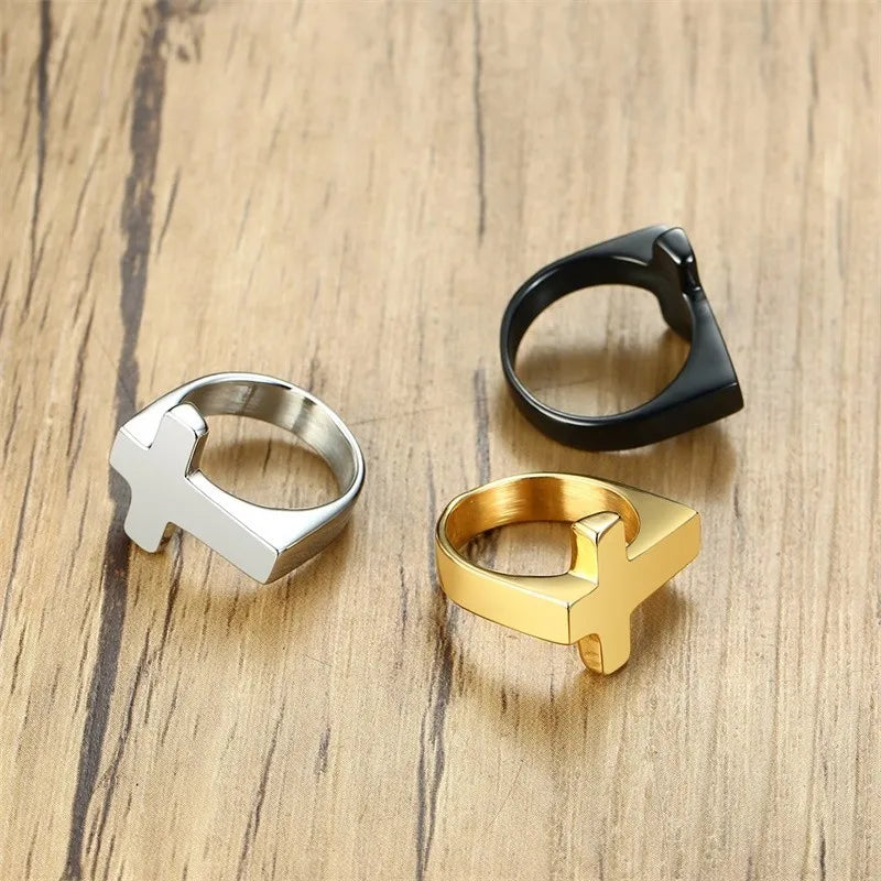 Knights Templar Commandery Ring - Flat Cross Glossy Stainless Steel - Bricks Masons