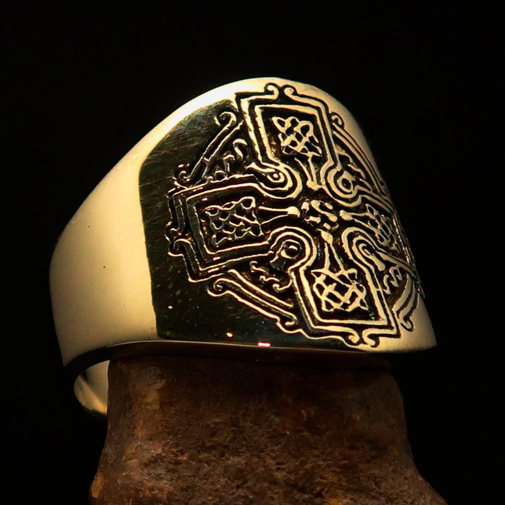 Knights Templar Ring - Gold Cross Antiqued Brass - Bricks Masons