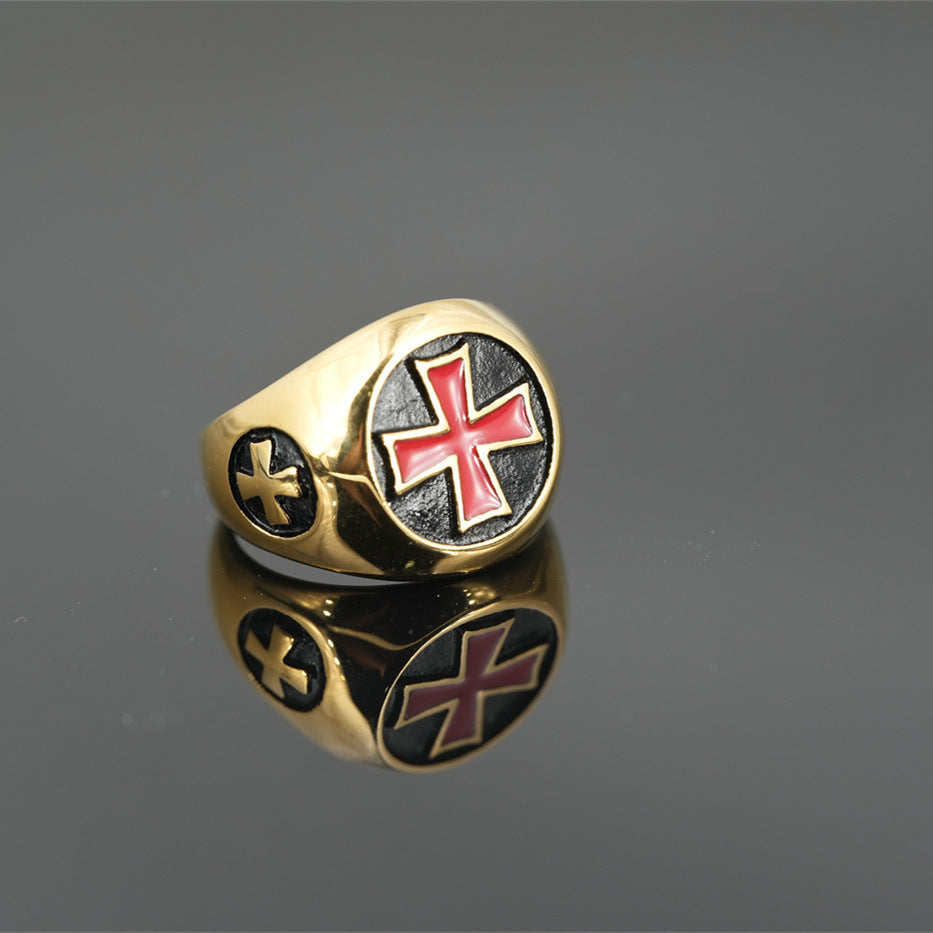 Red Cross of Constantine Ring - Gold Titanium Steel With Red Cross - Bricks Masons
