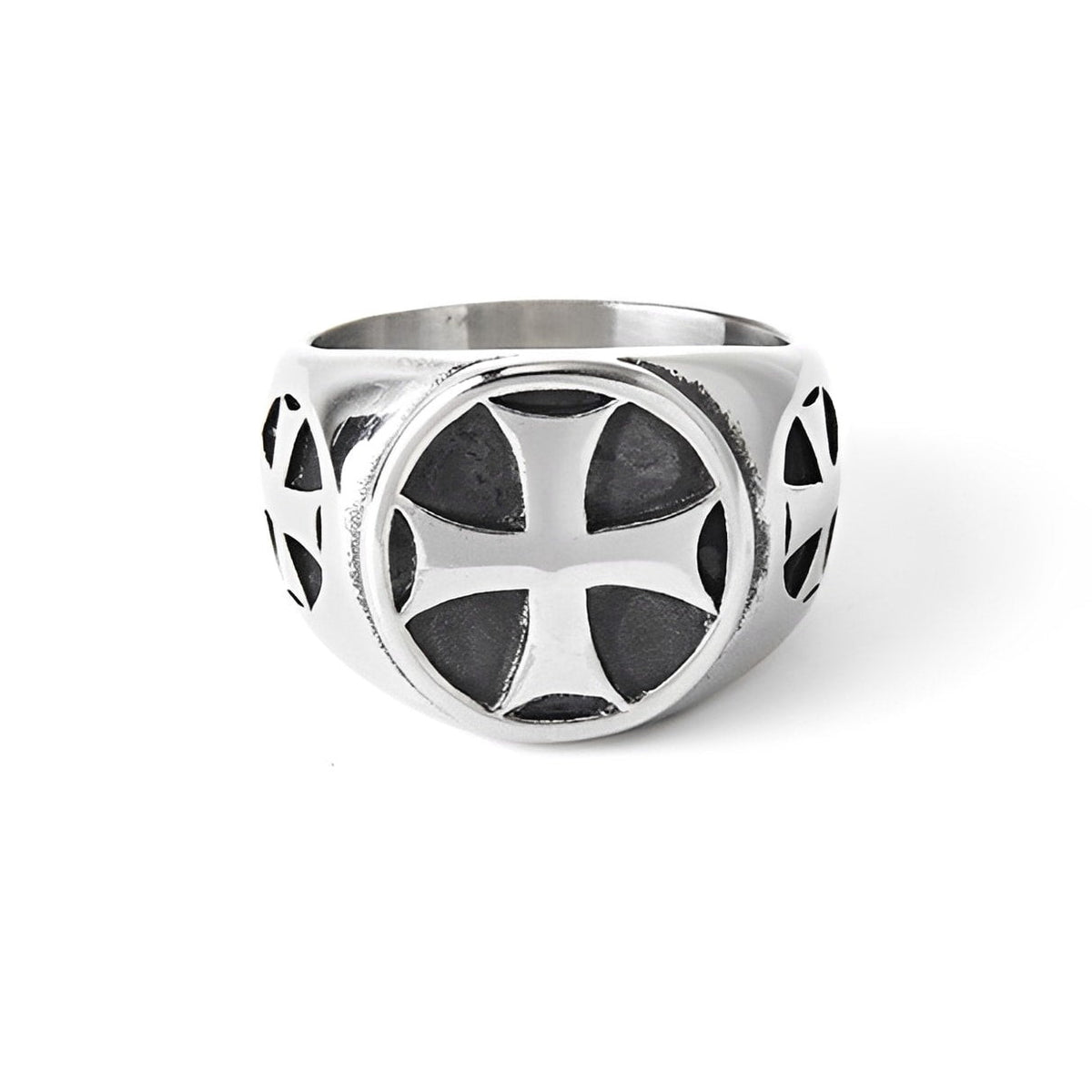 Templer-Ring - Silbernes und schwarzes Edelstahlkreuz
