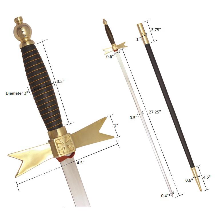Knights Templar Sword - with Black Gold Hilt and Black Scabbard - Bricks Masons