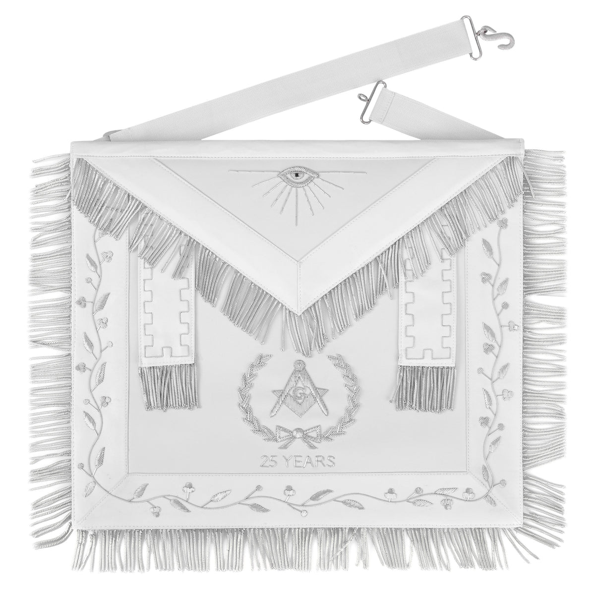 Master Mason Blue Lodge Apron - All White Bullion With Wreath Customizable Anniversary Year