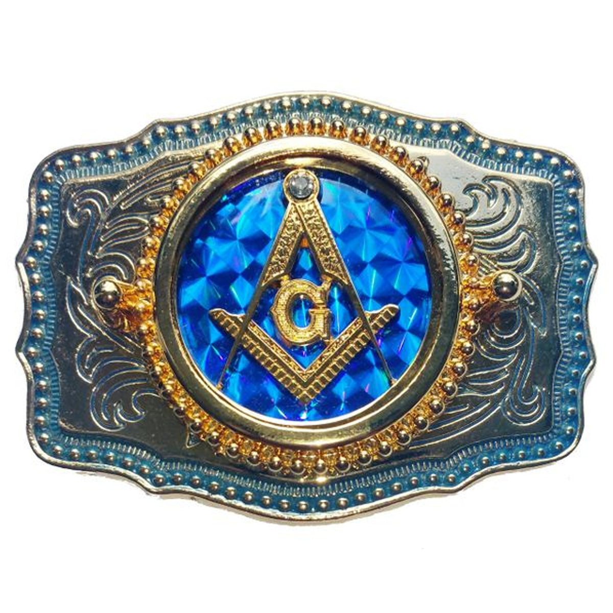 Master Mason Blue Lodge Belt Buckle - Blue Raised Square & Compass
