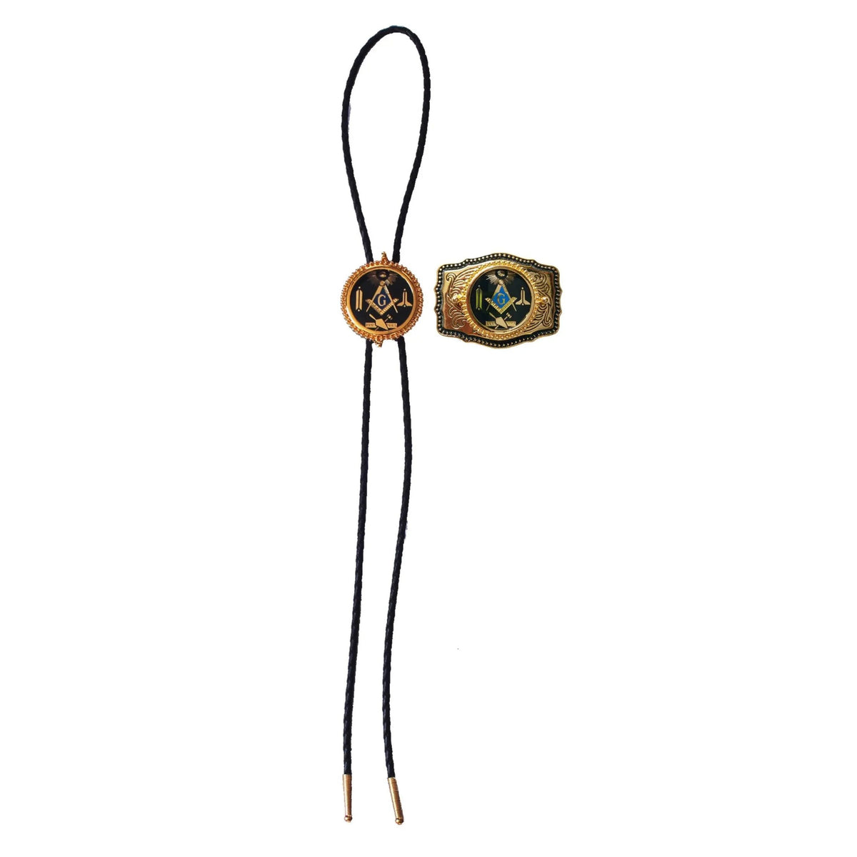Master Mason Blue Lodge Bolo Tie and Buckle Set- Black & Gold Filigree Square & Compass
