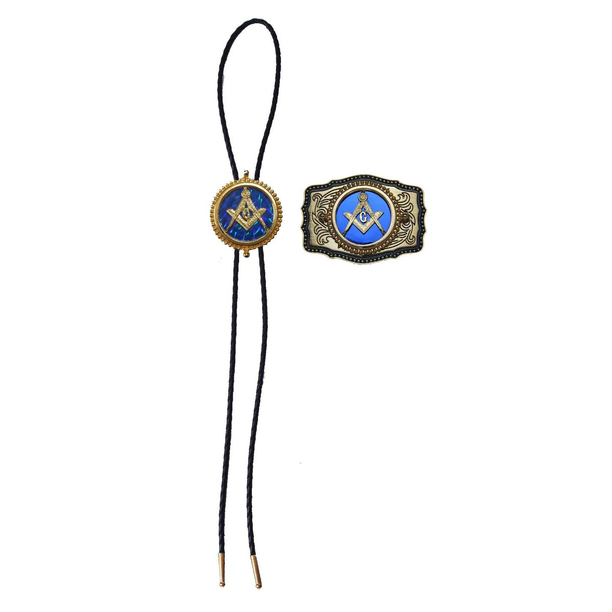 Master Mason Blue Lodge Bolo Tie and Buckle Set - Blue Raised Square & Compass